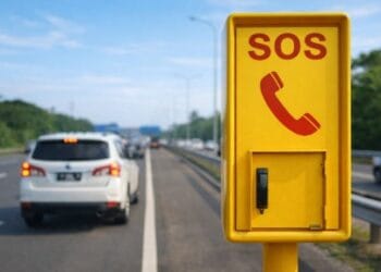 Seorang pengemudi sedang menelepon nomor telepon darurat jalan tol dari bahu jalan