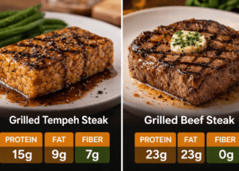 Perbandingan visual Nutrisi Steak Tempe Sapi guna membantu pemilihan menu protein terbaik bagi kesehatan jantung tahun 2026.
