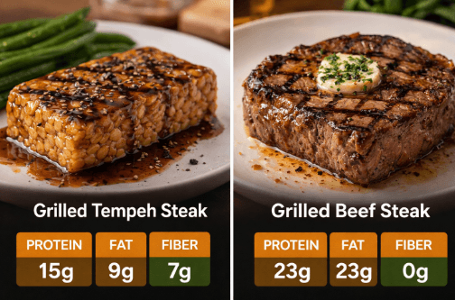 Perbandingan visual Nutrisi Steak Tempe Sapi guna membantu pemilihan menu protein terbaik bagi kesehatan jantung tahun 2026.