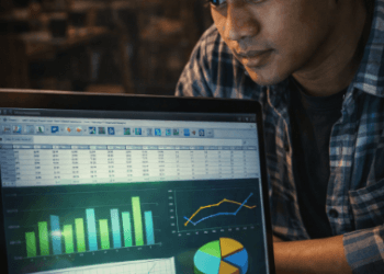 Infografis panduan olah data SPSS sendiri yang menampilkan mahasiswa menghitung statistik tugas akhir.