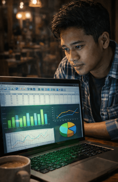 Infografis panduan olah data SPSS sendiri yang menampilkan mahasiswa menghitung statistik tugas akhir.