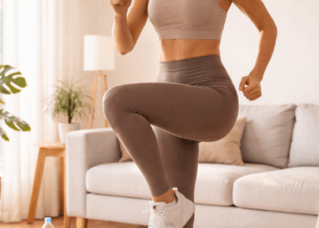 Ilustrasi seseorang sedang melakukan gerakan olahraga rutin 15 menit di rumah untuk menjaga stamina harian.