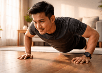 Infografis trik jalankan gerakan kalistenik sederhana yang menampilkan pemuda menerapkan jurus olahraga rutin tanpa alat.