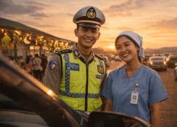 Seorang petugas polisi atau medis tetap siaga bertugas saat fenomena petugas yang tidak mudik lebaran 2026
