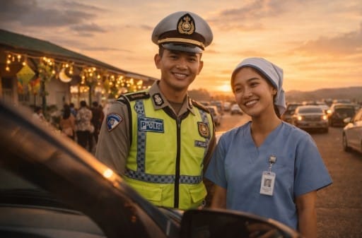 Seorang petugas polisi atau medis tetap siaga bertugas saat fenomena petugas yang tidak mudik lebaran 2026