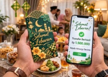 Tangan anak kecil memegang amplop lebaran warna-warni tradisional di tahun 2026