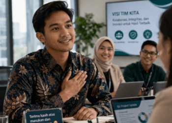 Infografis trik mengerti sopan santun kantor yang menampilkan pemuda menerapkan jurus pahami etika dunia kerja.