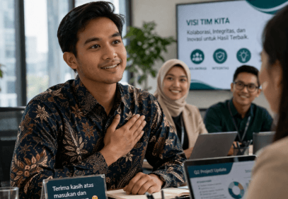 Infografis trik mengerti sopan santun kantor yang menampilkan pemuda menerapkan jurus pahami etika dunia kerja.