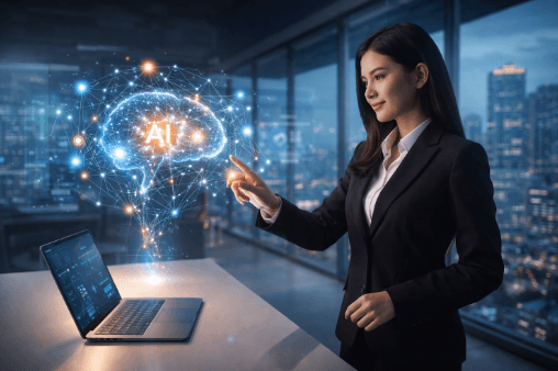 Infografis Panduan AI 2026 mengenai cara kerja asisten virtual dan sistem otomatisasi untuk meningkatkan produktivitas kantor.