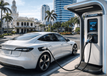 Proses pengisian daya mobil listrik di pusat kota yang mencerminkan transisi energi bersih di wilayah perkotaan.