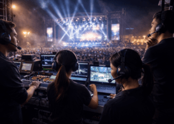 Tim pengelola acara yang sedang berkoordinasi di balik layar panggung megah guna memastikan kelancaran pertunjukan musik besar.