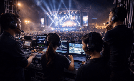 Tim pengelola acara yang sedang berkoordinasi di balik layar panggung megah guna memastikan kelancaran pertunjukan musik besar.