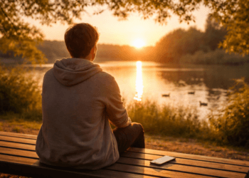 Ilustrasi seseorang yang sedang melakukan digital detox dengan menjauhkan ponsel sejenak untuk menikmati keindahan alam secara langsung.