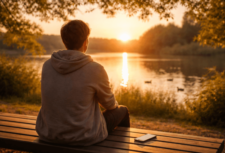 Ilustrasi seseorang yang sedang melakukan digital detox dengan menjauhkan ponsel sejenak untuk menikmati keindahan alam secara langsung.