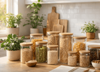 Ilustrasi dapur bersih yang menerapkan prinsip keberlanjutan dengan mengurangi penggunaan plastik sekali pakai.