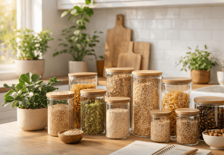 Ilustrasi dapur bersih yang menerapkan prinsip keberlanjutan dengan mengurangi penggunaan plastik sekali pakai.