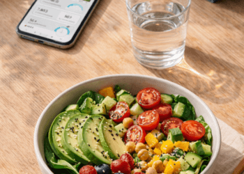 Ilustrasi perlengkapan gaya hidup sehat modern yang mencakup nutrisi seimbang dan aktivitas fisik rutin.