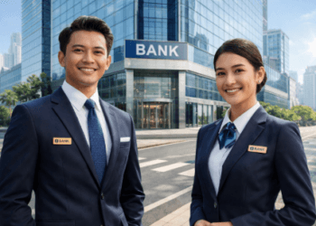 Dua profesional muda yang sedang mengejar Karir Perbankan Medan 2026 di kawasan bisnis pusat kota.