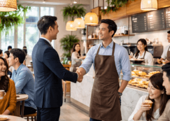 Visualisasi keberhasilan operasional gerai waralaba modern yang menerapkan standar pelayanan tinggi di pusat kota Medan.