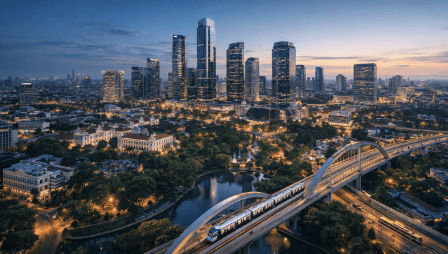 Pemandangan udara super luas Kota Medan 2026 yang modern, menampilkan perpaduan gedung pencakar langit, jalur LRT layang, taman hijau, dan bangunan bersejarah Kesawan saat senja.