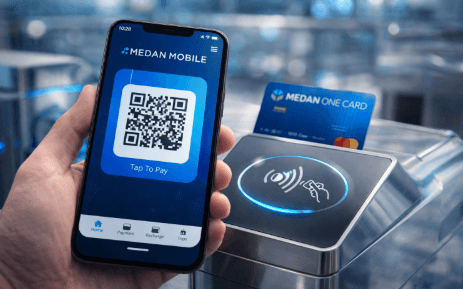 Penggunaan aplikasi Medan Mobile untuk pembayaran digital di stasiun.