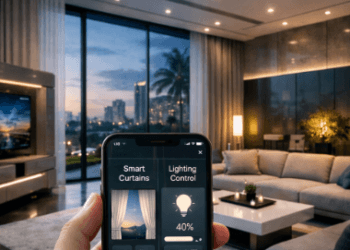 Penggunaan aplikasi pada ponsel pintar untuk mengendalikan berbagai perangkat elektronik rumah tangga secara terintegrasi dan otomatis.