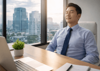 Seorang profesional yang sedang mempraktikkan teknik pernapasan sejenak di meja kerja guna meredakan ketegangan mental selama jam sibuk.