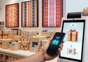 Proses pengiriman praktis menggunakan layanan digital di gerai Oleh-oleh Digital Medan 2026.