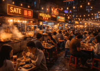 Suasana ramai dan meriah di salah satu pusat Street Food Medan 2026 pada malam hari.
