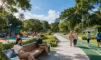 Fasilitas kursi pintar bertenaga surya yang tersedia di area Taman Smart Medan 2026.