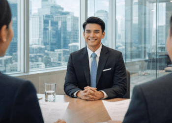 Seorang pelamar sedang menerapkan Tips Interview Bank di Medan dengan menunjukkan sikap percaya diri di depan tim penguji.