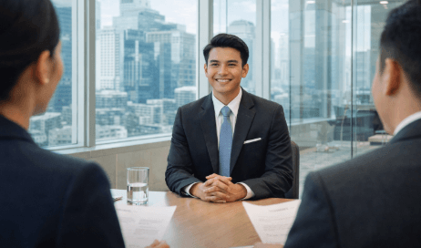 Seorang pelamar sedang menerapkan Tips Interview Bank di Medan dengan menunjukkan sikap percaya diri di depan tim penguji.