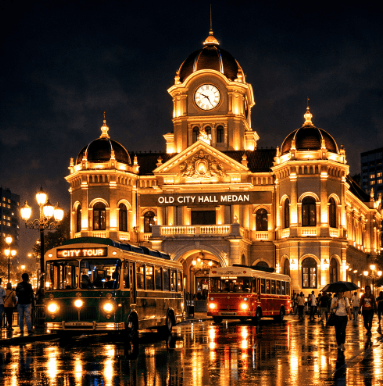 Pemandangan gedung bersejarah yang bercahaya indah dalam agenda Tur Malam Medan 2026.