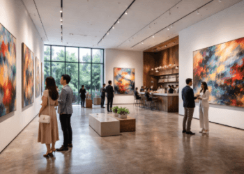 Interior mewah sebuah galeri seni kontemporer di Medan tahun 2026.