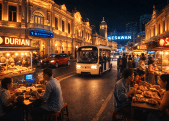 Gemerlap lampu heritage dan keramaian Wisata Malam Medan 2026 di kawasan Kesawan.