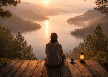 Seseorang sedang menikmati suasana tenang di tepian Danau Toba sebagai bentuk pemulihan diri dari kelelahan aktivitas harian.