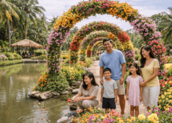 Area taman bunga keluarga yang asri dan danau pancing di The Le Hu Garden Deliserdang saat musim kemarau.