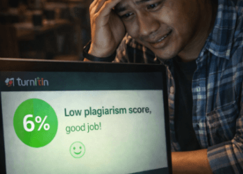 Infografis trik tulis ulang kalimat kutipan yang menampilkan mahasiswa mengecek skor keaslian tulisan akademis.