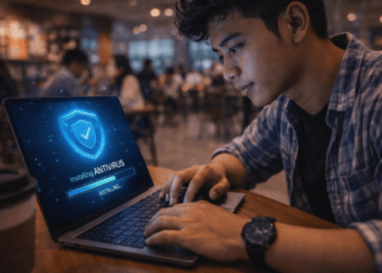 Infografis trik unduh penangkal peretas maya yang menampilkan mahasiswa mencari pelindung mesin komputasi.