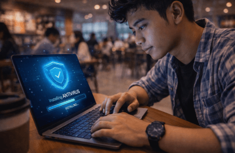 Infografis trik unduh penangkal peretas maya yang menampilkan mahasiswa mencari pelindung mesin komputasi.