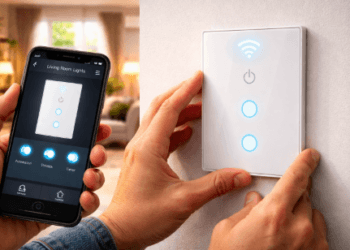 Infografis cara pasang saklar pintar sendiri yang menampilkan proses instalasi tombol lampu cerdas tanpa bantuan tukang listrik.