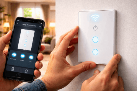 Infografis cara pasang saklar pintar sendiri yang menampilkan proses instalasi tombol lampu cerdas tanpa bantuan tukang listrik.