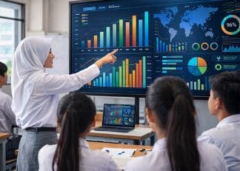 Mahasiswa sedang menganalisis data statistik di layar komputer sebagai persiapan pendaftaran STIS 2026