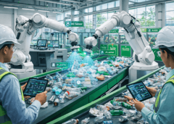 Proses pemilahan sampah otomatis dalam sistem Pengelolaan Limbah Medan 2026.