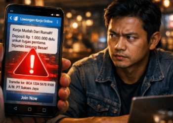 Infografis peringatan penipuan loker Telegram 2026 yang menguras rekening korban berkedok misi berbayar.