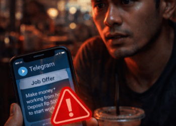Infografis peringatan penipuan loker Telegram 2026 yang menguras rekening korban berkedok misi berbayar.