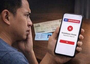 Tampilan notifikasi pendaftaran ditolak pada aplikasi MyPertamina di layar smartphone