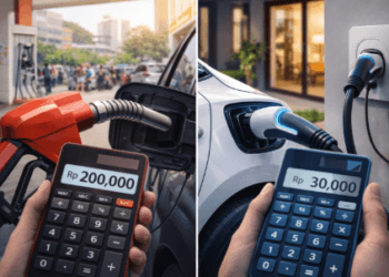 Perbandingan visual antara pengisian bahan bakar minyak dan pengisian daya listrik yang menunjukkan efisiensi biaya penggunaan energi.