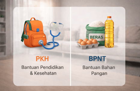 Ilustrasi perbedaan PKH dan BPNT Medan 2026 yang menunjukkan fokus bantuan pada bidang kesehatan, pendidikan, dan pemenuhan pangan harian.