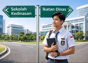 Infografis perbandingan antara perbedaan sekolah kedinasan vs ikatan dinas 2026